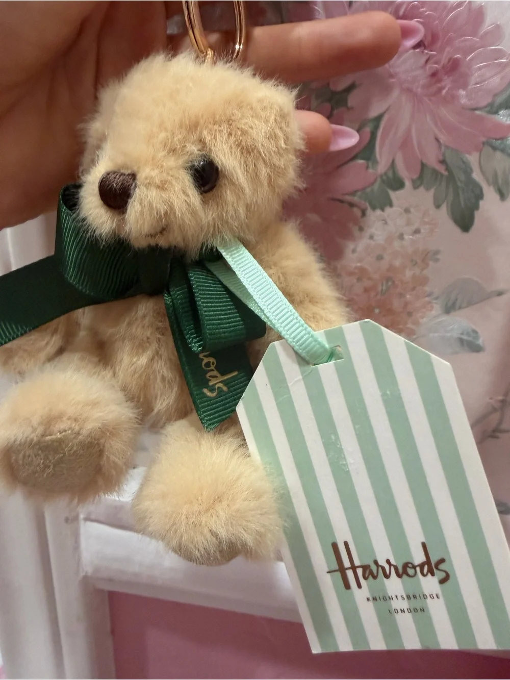 Harrods Cream Bear Keychain with Dark Green Bow